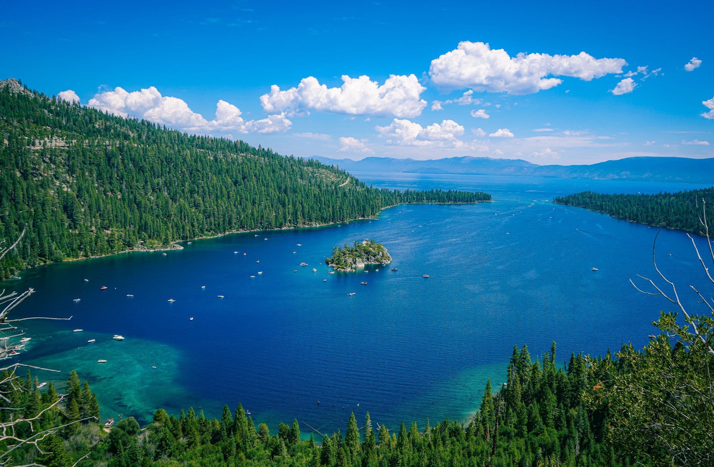 Emerald Bay on Lake Tahoe, with Fannette Island in deep blue water ringed by pine forest